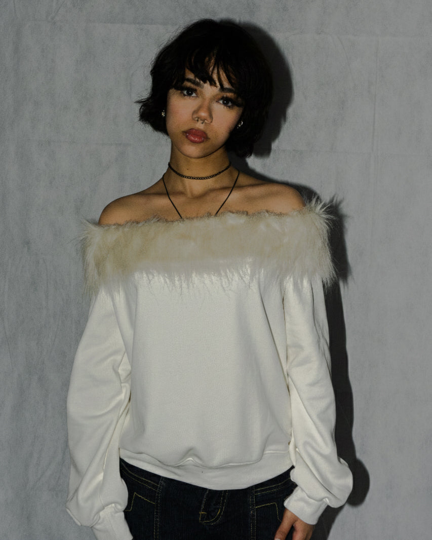 amfy off shoulder fur top
