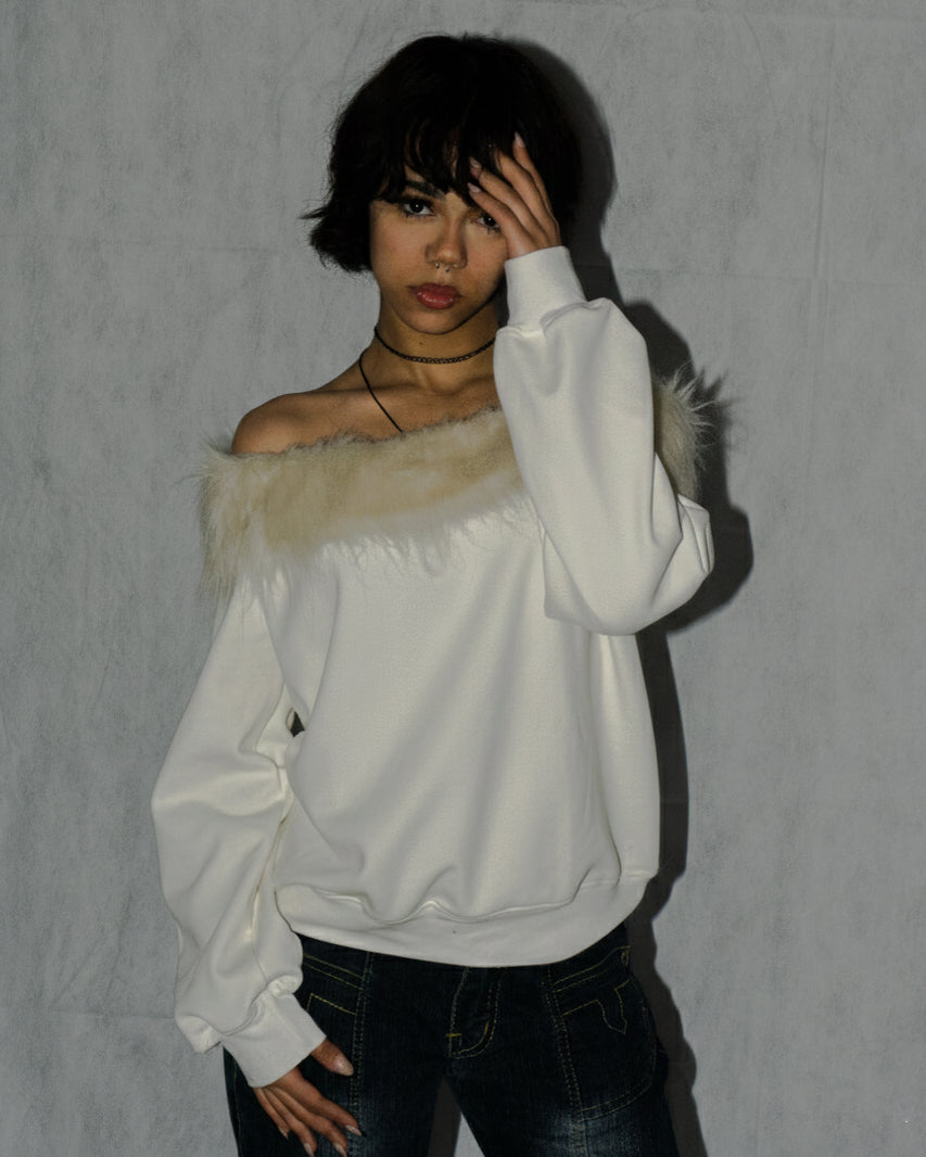 amfy off shoulder fur top